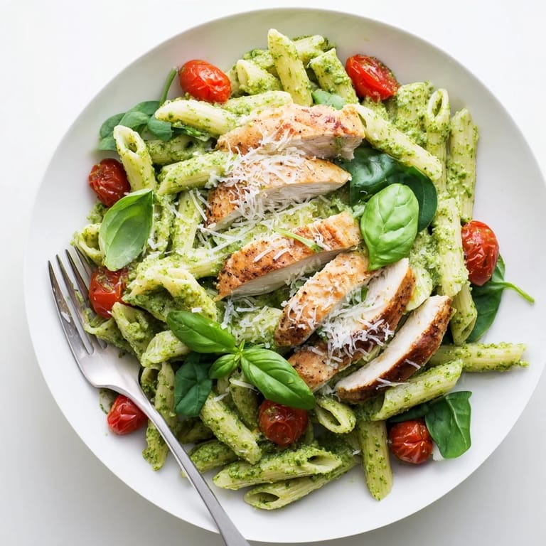 Sliced grilled chicken and al dente pesto pasta with melted Parmesan, served hot in a white bowl for a weeknight meal.