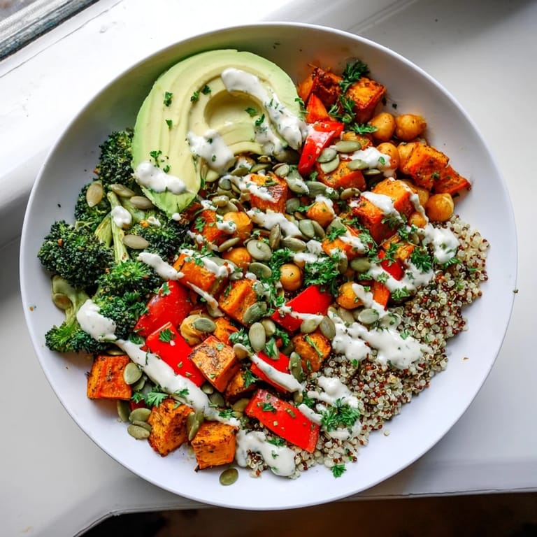 Hearty Quinoa Buddha Bowl featuring golden roasted vegetables, spiced chickpeas, and avocado slices for a satisfying meal.