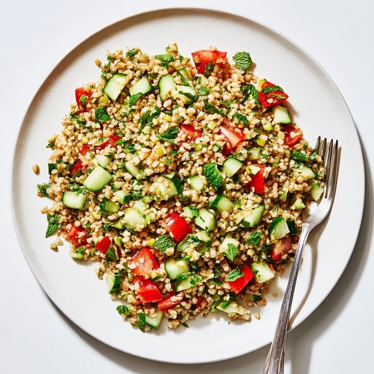 Close-up view of a colorful Bulgur Wheat Salad Tabbouleh served in a white bowl, garnished with parsley.