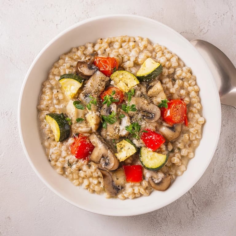 Enjoy this hearty vegetarian meal featuring a medley of golden, oven-roasted vegetables over a comforting bed of barley.  