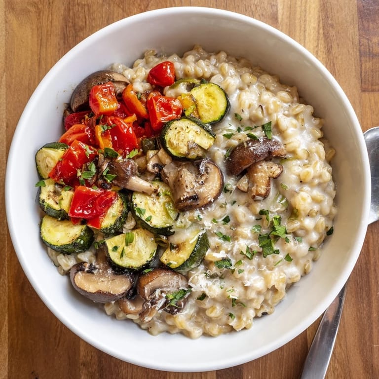 This wholesome bowl showcases a medley of golden, oven-roasted vegetables nestled atop a creamy bed of pearled barley.