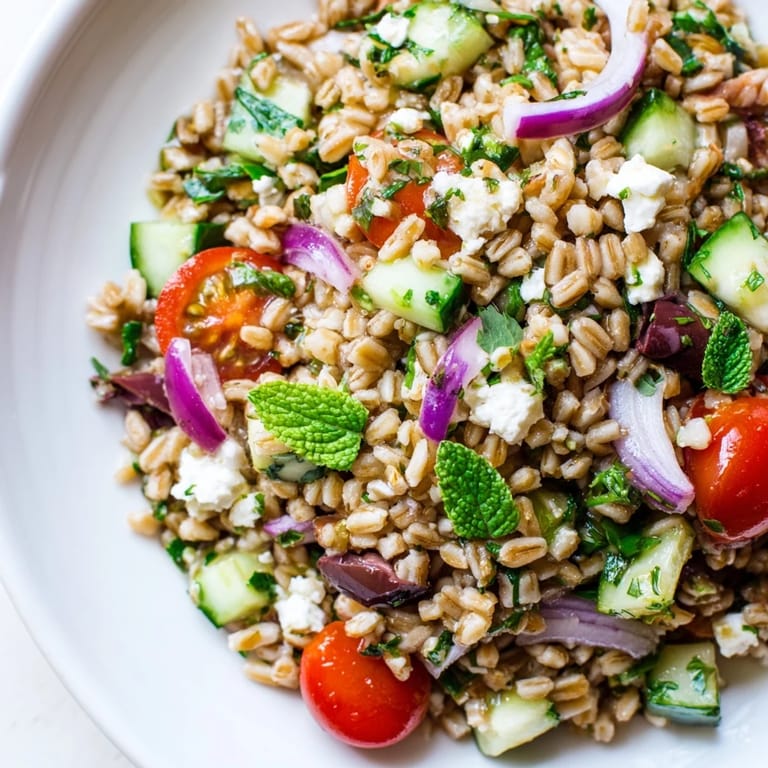 Freshly prepared Farro Salad Mediterranean served in a bowl, featuring chewy farro, diced vegetables, and crumbled feta cheese garnished with parsley.