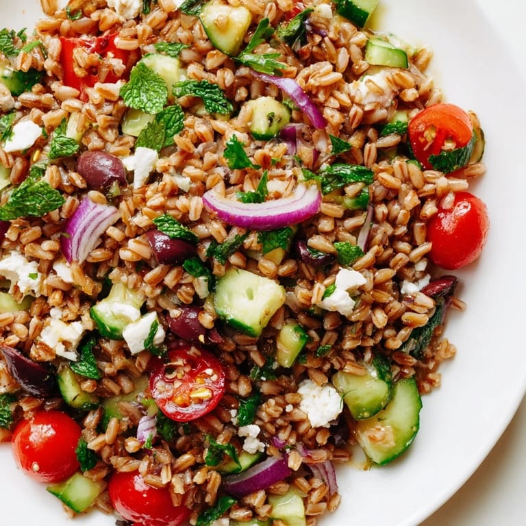 A close-up of Farro Salad Mediterranean, highlighting the nutty grain, bright cherry tomatoes, cucumber, and Kalamata olives glistening with olive oil.