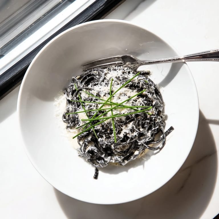 A close-up of squid ink pasta in rich cream sauce, topped with grated Parmigiano-Reggiano and a lemon wedge for serving.  