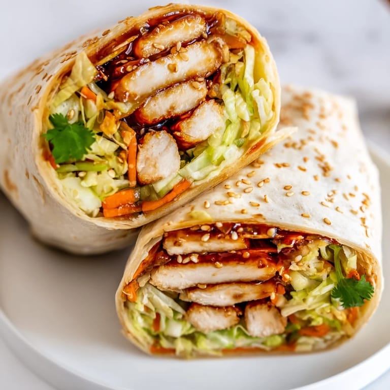 Close-up of a Teriyaki Chicken Wrap filled with tender teriyaki-glazed chicken, crunchy cabbage, carrots, and fresh cilantro.  
