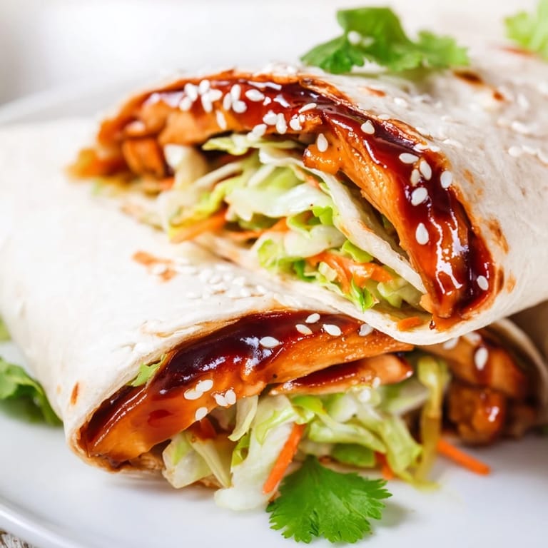 Easy Teriyaki Chicken Wrap stuffed with savory chicken, crisp vegetables, and optional sesame seeds, served on a wooden board.