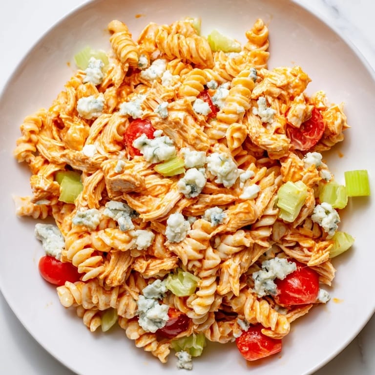 Chilled Buffalo Chicken Pasta Salad ready for a potluck, mixed with buffalo chicken, red pepper, and fresh herbs.