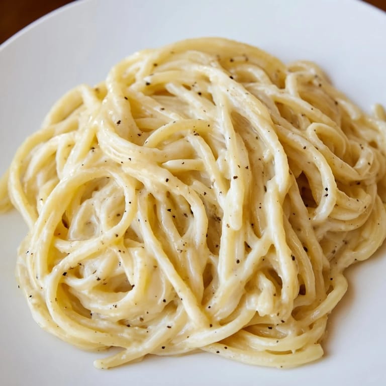 Tongs lift a serving of Spaghetti Cacio e Pepe from a skillet, steam rising from the cheesy, peppery pasta ready for dinner.  