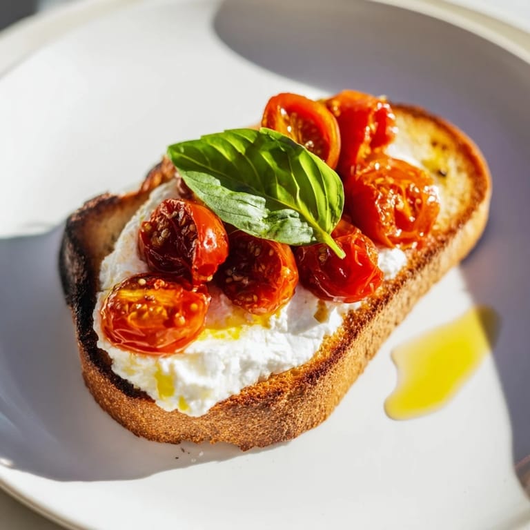 Vibrant Mediterranean-inspired Tomato Ricotta Toast served on a rustic board with fresh basil and a drizzle of olive oil.
