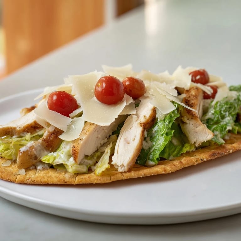 A vibrant serving of Caesar Chicken Flatbread on a rustic wooden board, showcasing juicy chicken, crisp lettuce, halved cherry tomatoes, and a drizzle of Caesar dressing.