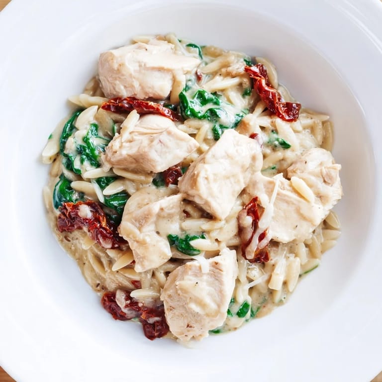 Serving Tuscan Chicken Orzo with a side salad and white wine, ready for a family dinner.