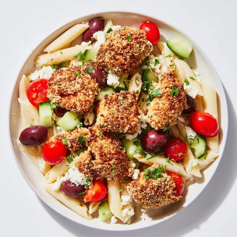 A fresh serving of Crispy Chicken Greek Pasta combines juicy chicken, briny Kalamata olives, and crumbled feta on a bed of pasta.