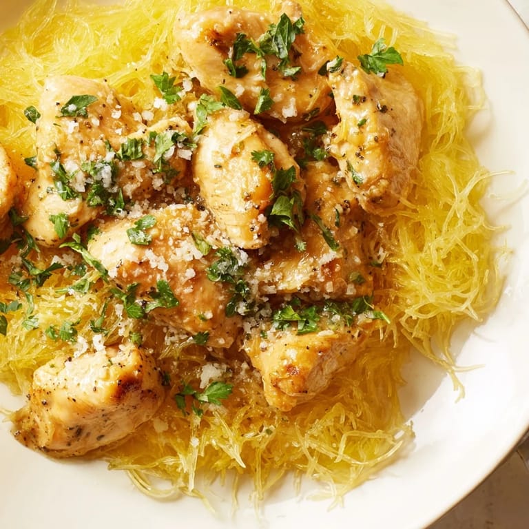 A plate of Lemon Garlic Chicken Spaghetti Squash features golden chicken, roasted squash, and a light pan sauce, finished with fresh parsley and Parmesan.