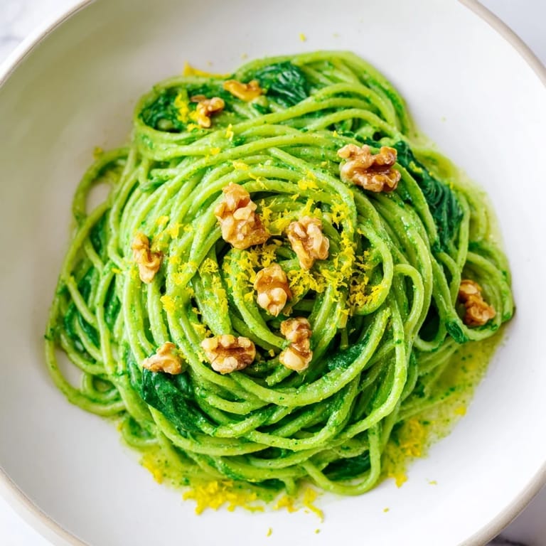 Close-up of Creamy Spinach Walnut Pasta with velvety green sauce and extra chopped walnuts on top.