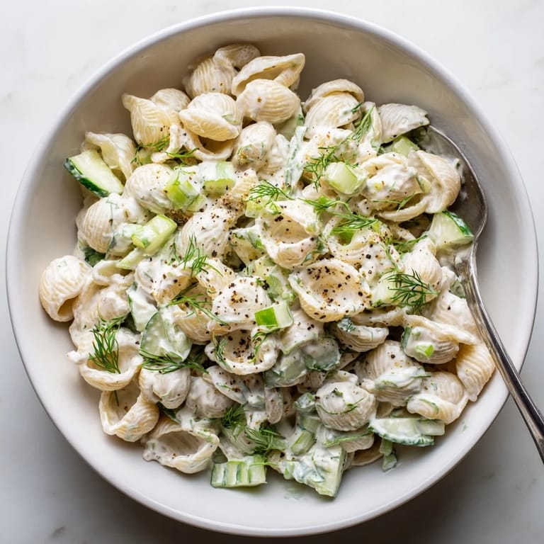 Visually impaired users can imagine Cucumber Crunch Pasta Salad: tender pasta shells, crunchy cucumbers, fragrant dill, and a sprinkle of everything bagel seasoning.