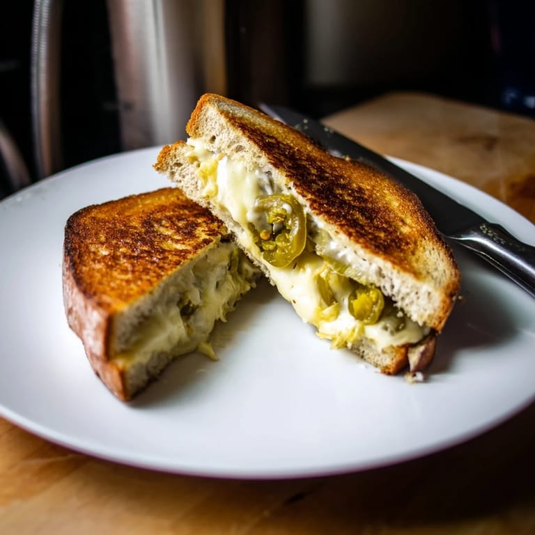 A close-up of a Jalapeño Pepper Jack Grilled Cheese sandwich, its crispy crust giving way to gooey cheese and vibrant, spicy jalapeños.  