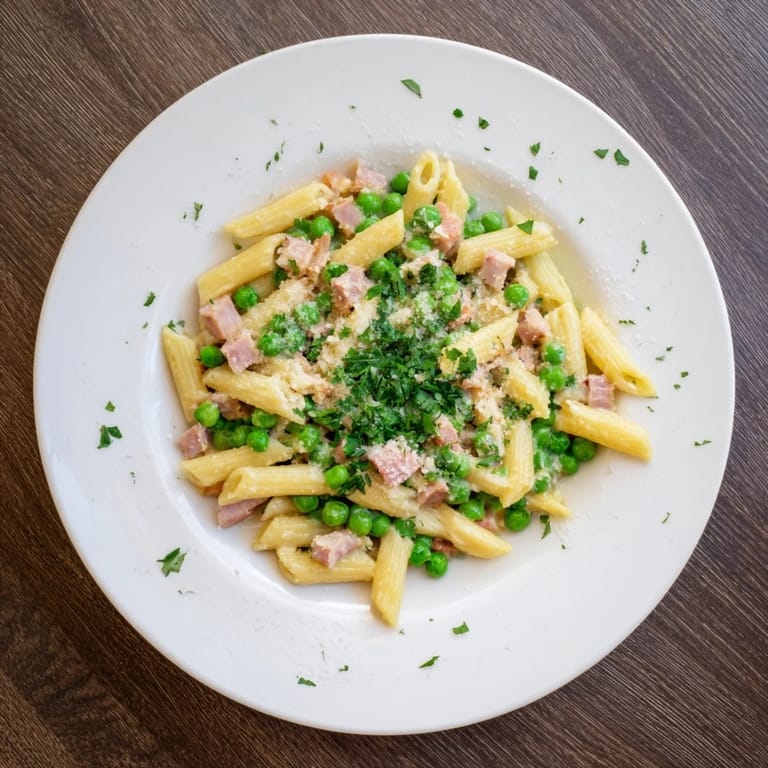 Bright green peas and diced ham tossed in a rich cream sauce for Spring Pea & Ham Pasta.