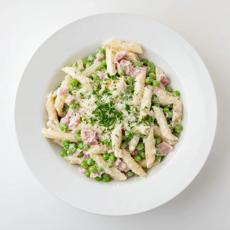 Hearty Spring Pea & Ham Pasta served warm, featuring savory ham and sweet peas in a comforting sauce.