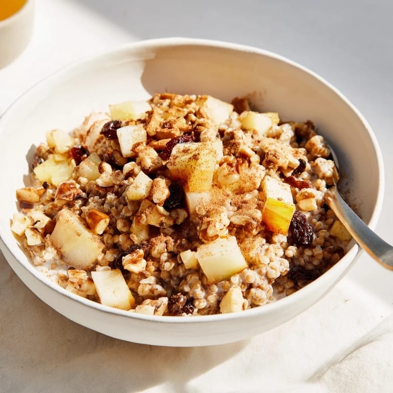 Gluten-free Buckwheat Groats Breakfast with tender, fluffy groats, cinnamon-dusted fruit, and honey-drizzled nuts for a wholesome morning meal.