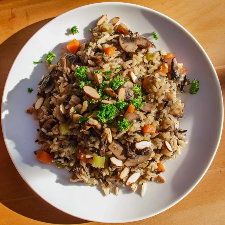 Hearty vegetarian wild rice and mushroom pilaf plated as a savory side, offering nutty flavors and golden mushroom slices.