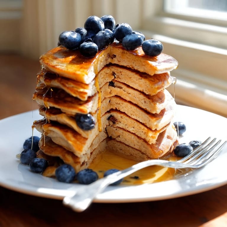 Golden-brown Protein Power Pancakes sizzling on a griddle, ready to flip and fill your kitchen with a warm aroma.  
