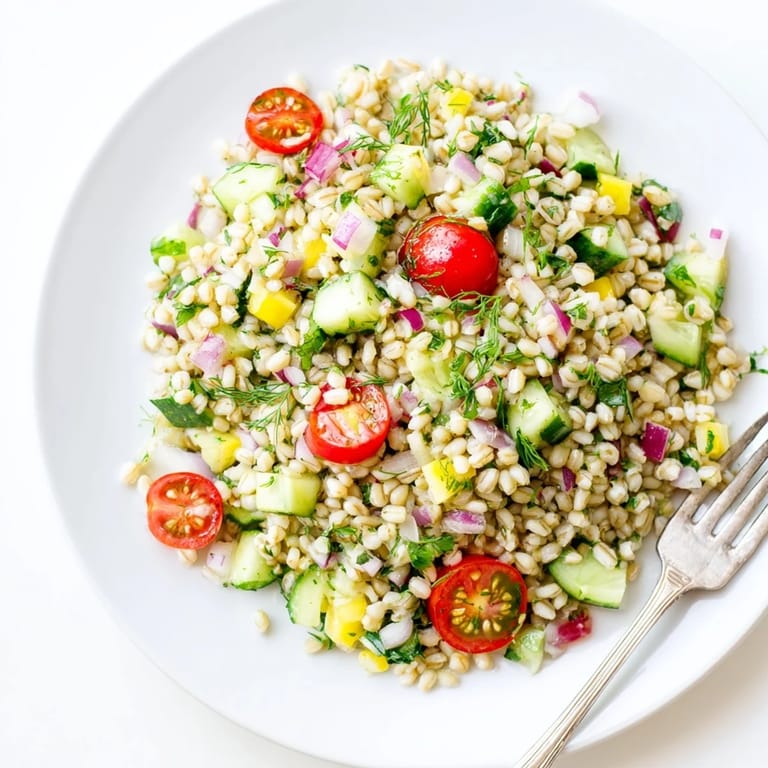 Crisp vegetables tossed with herbs in a zesty Barley and Herb Salad served in a bowl.