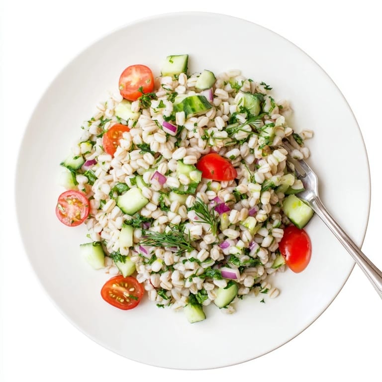 A finished Mediterranean Barley and Herb Salad with mint and parsley, ready to serve at a picnic.