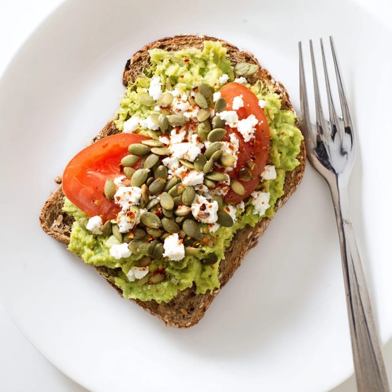 Warm whole grain toast lathered with seasoned avocado, finished with pumpkin seeds or red pepper flakes for a savory kick.