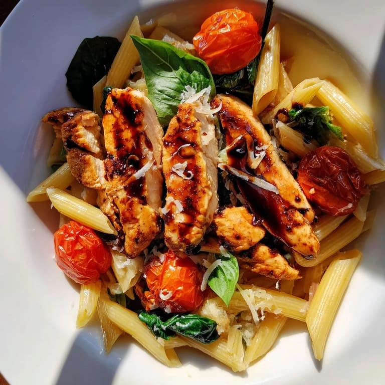 Savory Balsamic Glazed Chicken Pasta served warm, topped with Parmesan cheese and fresh basil garnish for dinner.