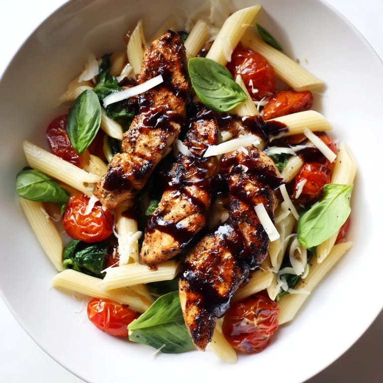 A rustic skillet of Balsamic Glazed Chicken Pasta, featuring garlic, tender pasta, and vibrant spinach for an easy meal.