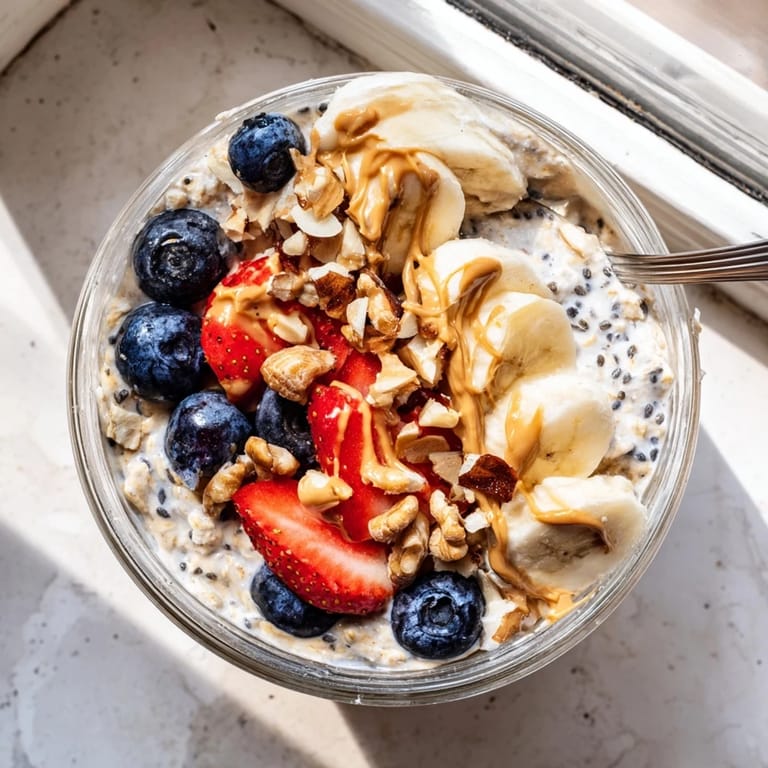 A close-up of overnight oats with chia seeds and Greek yogurt, mixed with strawberries and crunchy almonds for a nourishing morning meal.  