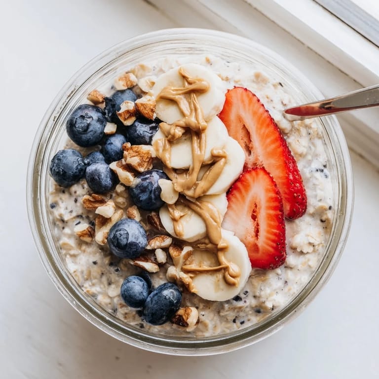 Spooned from a jar, these overnight oats with chia seeds and nut butter offer a thick, creamy texture, ideal for busy American breakfasts.