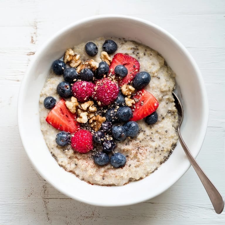 A nourishing bowl of Millet Porridge With Berries, topped with fresh strawberries, blueberries, and crunchy nuts.  