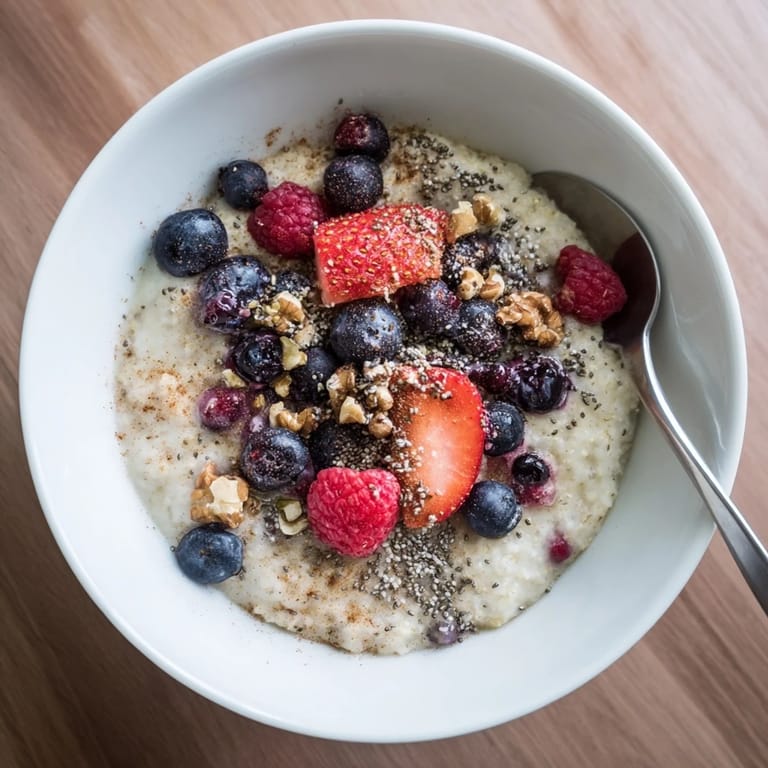 Millet Porridge With Berries steaming in a bowl, ready to be drizzled with honey for breakfast.