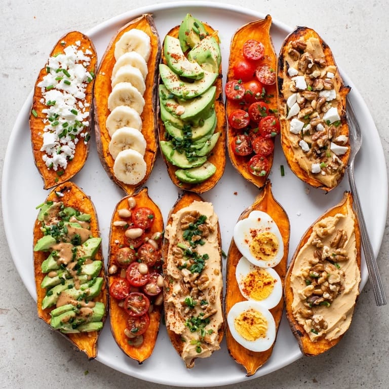 Savory sweet potato toast topped with hummus, crumbled feta, and chili flakes, served alongside fresh herbs and lemon wedges.