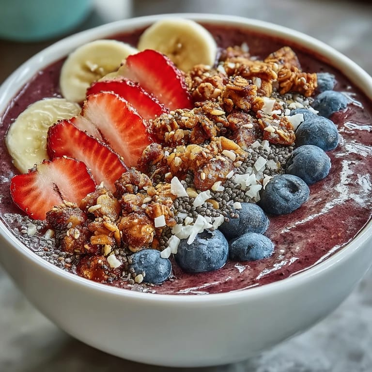 Thick and creamy Acai Berry Smoothie Bowl garnished with chia seeds, toasted coconut, and a drizzle of nut butter in a rustic bowl.