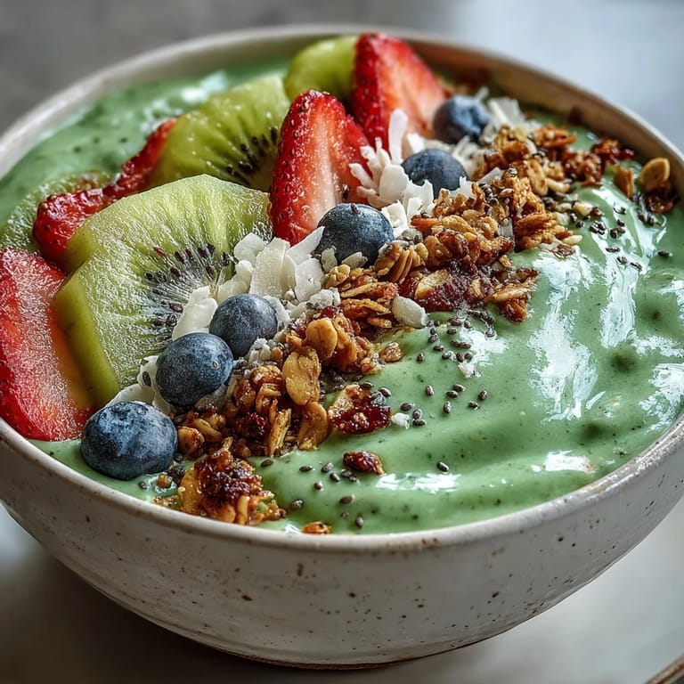 Enjoy this creamy Green Smoothie Bowl, ready in minutes with fresh fruit toppings.