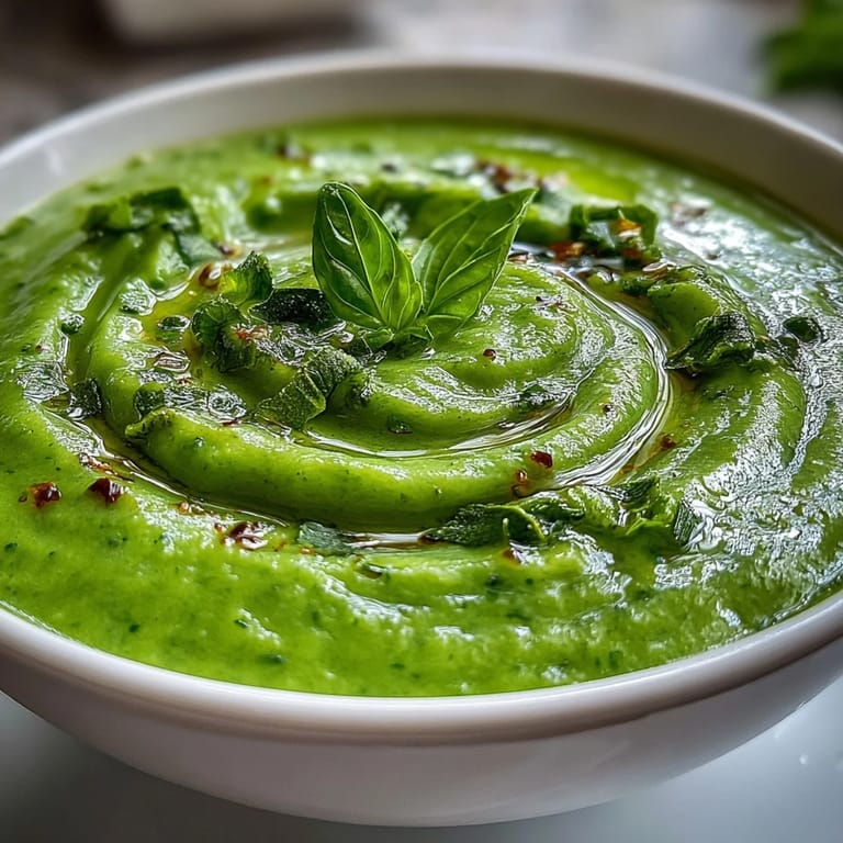 Hearty bowl of Courgette, Pea and Pesto Soup with zucchini, sweet peas, and herbs.
