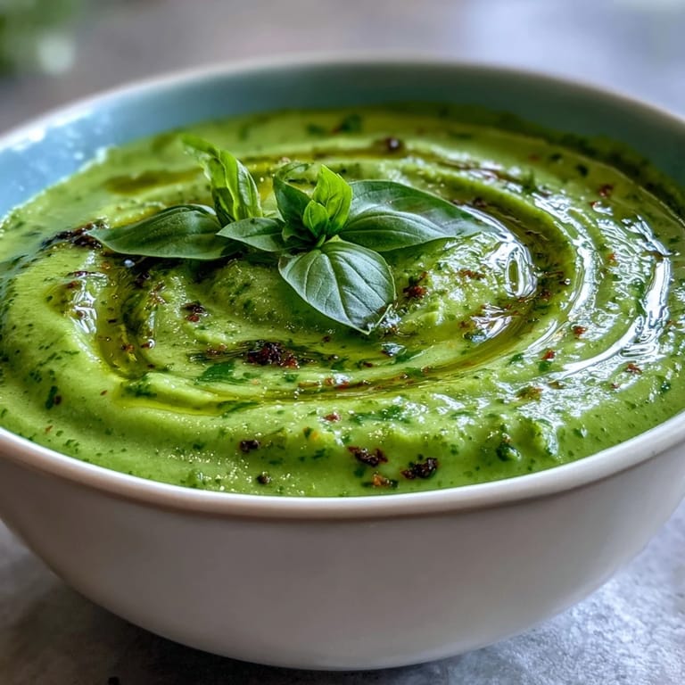Bright green Courgette, Pea and Pesto Soup topped with fresh basil beside crusty bread.
