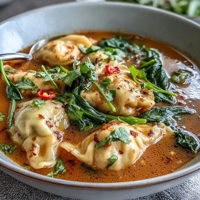 Close-up of Red Curry Wonton Soup With Greens, highlighting tender wontons, snow peas, and fresh cilantro garnish in a red curry broth.
