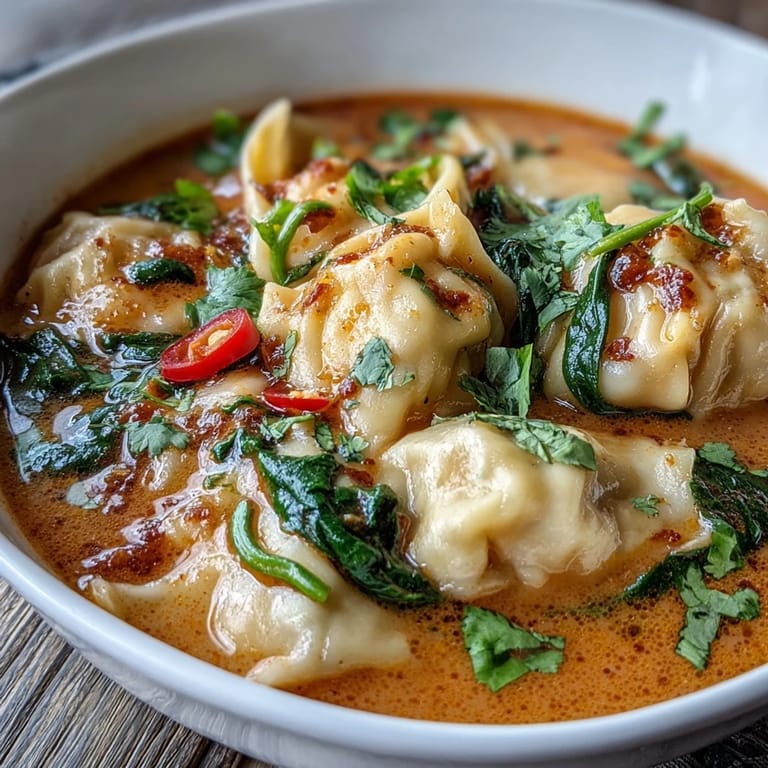 Spoon lifting a wonton from a creamy Red Curry Wonton Soup With Greens, filled with spinach and julienned carrots.