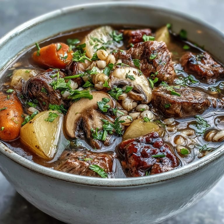 Hearty Vegetable Beef, Barley, and Mushroom Soup simmering in a rustic Dutch oven.