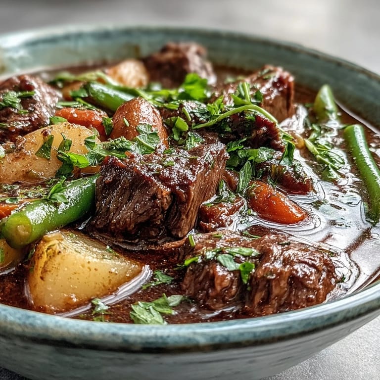 Close-up of Beef and Vegetable Soup with colorful carrots, potatoes, and green beans simmered in a savory broth.