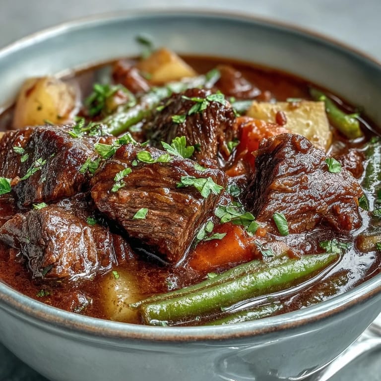A ladle lifting Beef and Vegetable Soup from a Dutch oven, served with crusty bread for dipping.