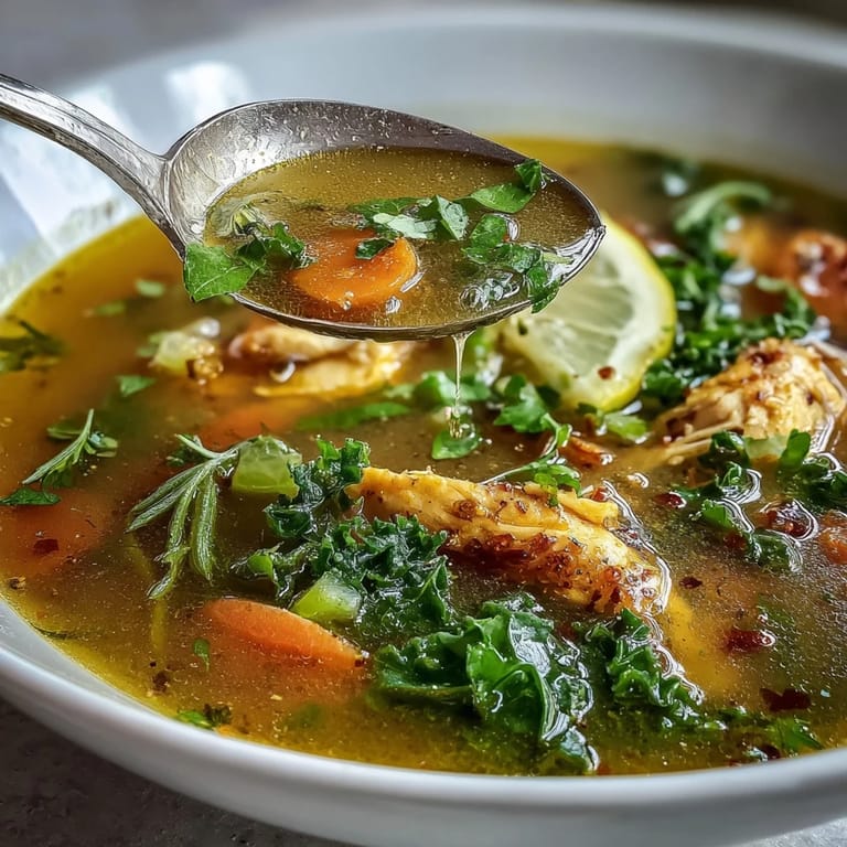 Vibrant golden High Protein Lemon and Turmeric Chicken Soup ladled into a rustic bowl near fresh herbs.