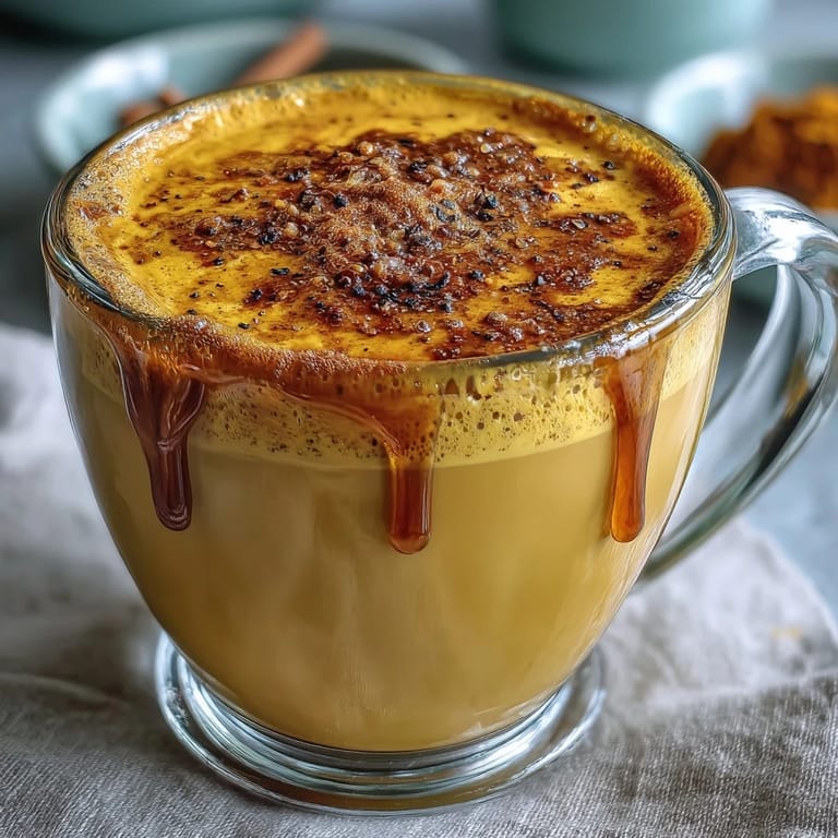 Warm, creamy Turmeric and Ginger Golden Milk served in a clear glass mug, rising inviting steam.