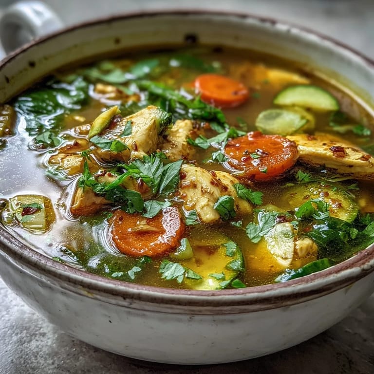 Close-up of vibrant Turmeric Chicken Soup, featuring zucchini and spinach in a rich, yellow broth, next to a spoon.
