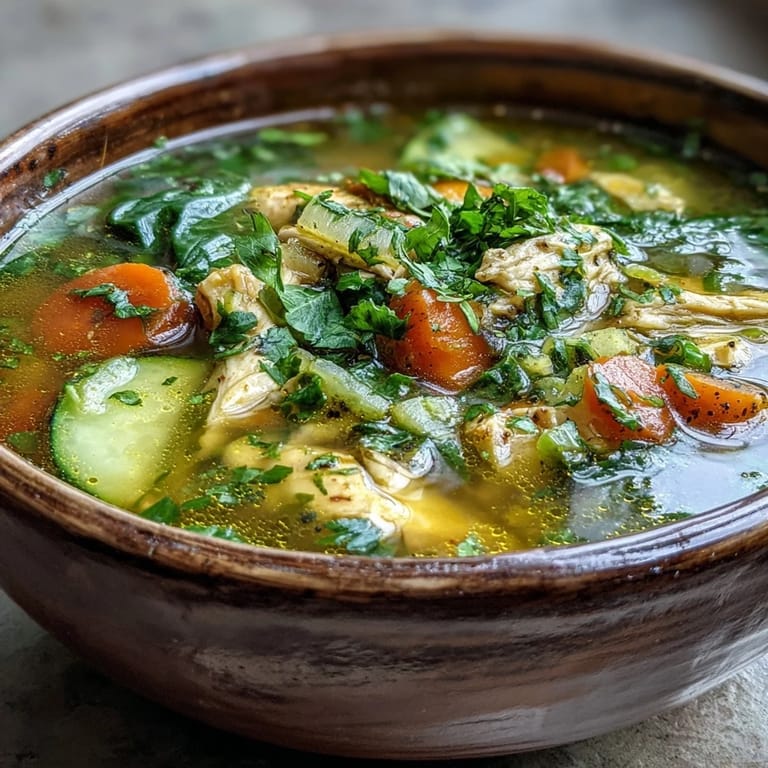Warm bowl of Turmeric Chicken Soup garnished with parsley, served alongside crusty artisan bread for a comforting lunch.