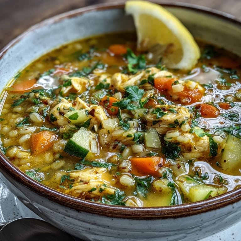 Close-up of Soothing Turmeric Chicken With Pearl Barley, revealing tender chicken, diced carrots, celery, and zucchini in a golden broth.