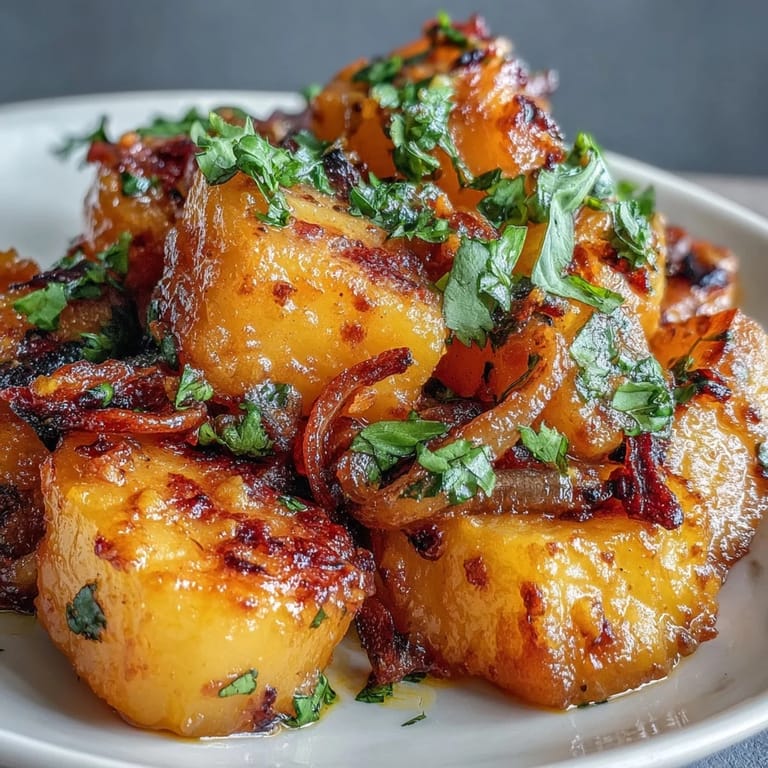 A close-up of creamy curried celeriac stew featuring tender celeriac chunks and a vibrant, aromatic spice blend.